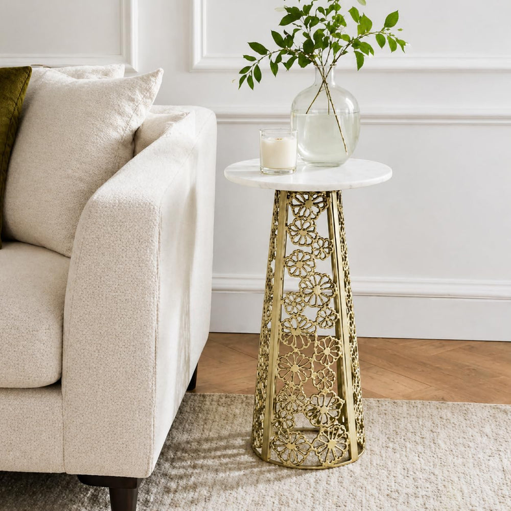 Gold Side Table with White Marble Top | Decorative Modern End Table | Aluminu...