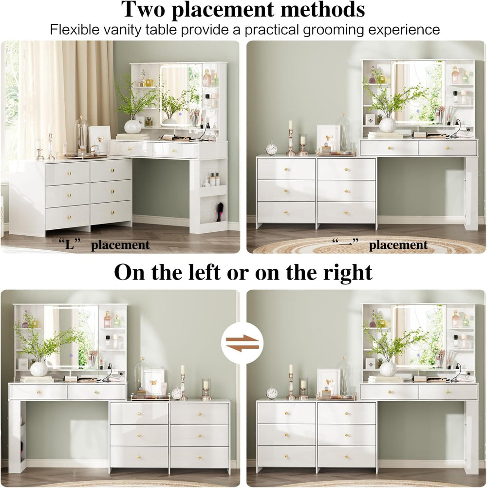 Ieejdn Makeup Vanity Desk with Mirror and Lights, Vanity Desk with 8 Drawers ...