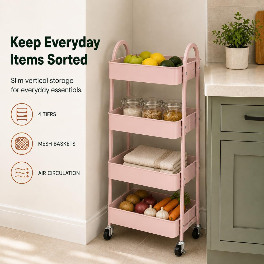 Simple Deluxe 4-Tier Rolling Utility Cart, Metal, 12.32 x 17.91 x 40.35, Pink...