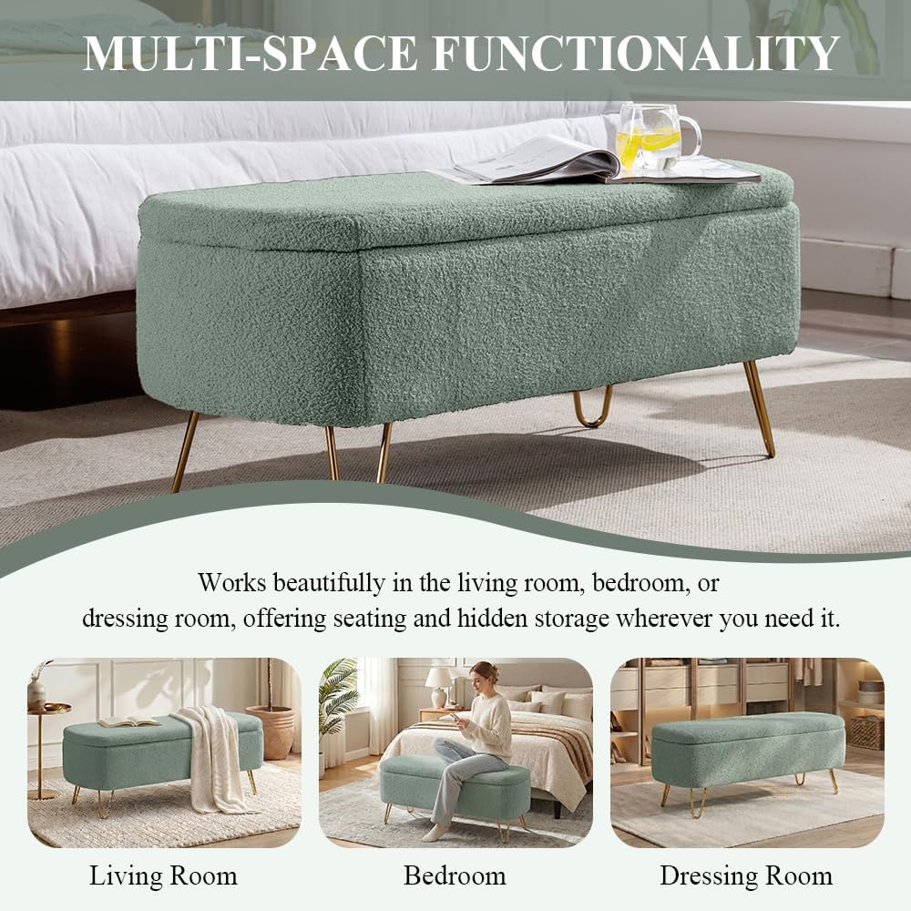 Modern Storage Ottoman Bench, Teddy Upholstered Entryway Bench with Gold Legs...