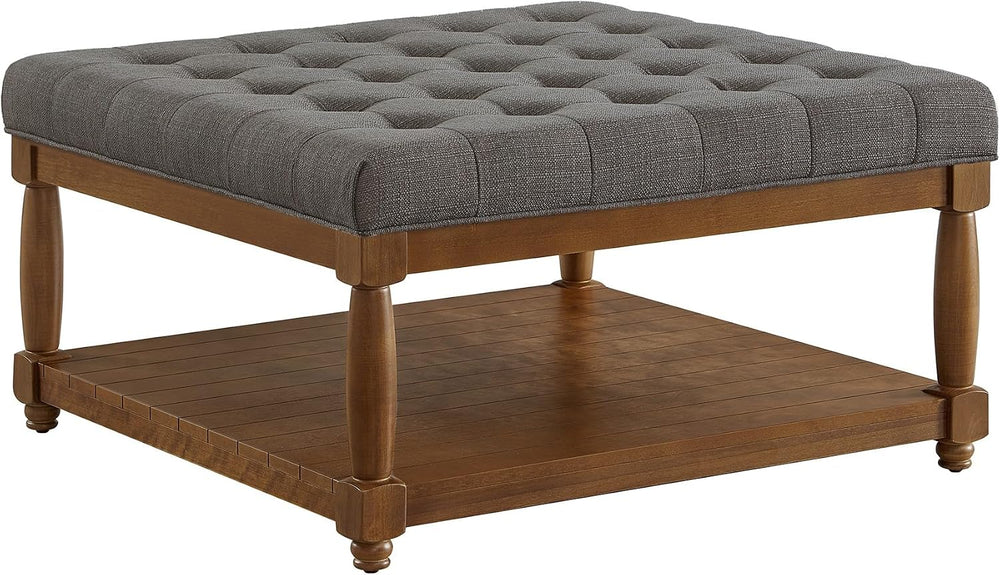 24KF Upholstered Square Coffee Table with Wooden Shelf, Tufted Button Large S...