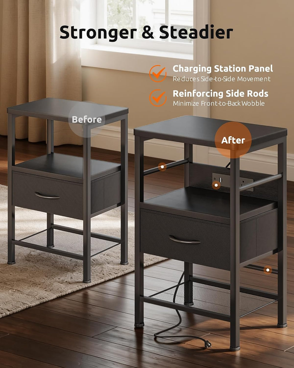 Lazzanto Nightstands Set of 2 with Charging Station, Black Night Stand | 1 Fa...