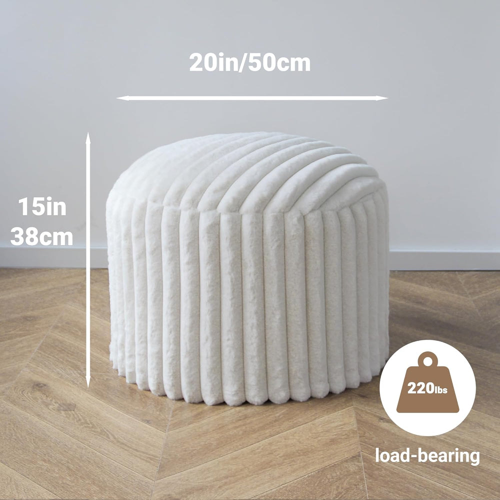 Round Stuffed Pouf Ottoman, Stripe Faux Fur Footrest, Solid Block Support+Sof...
