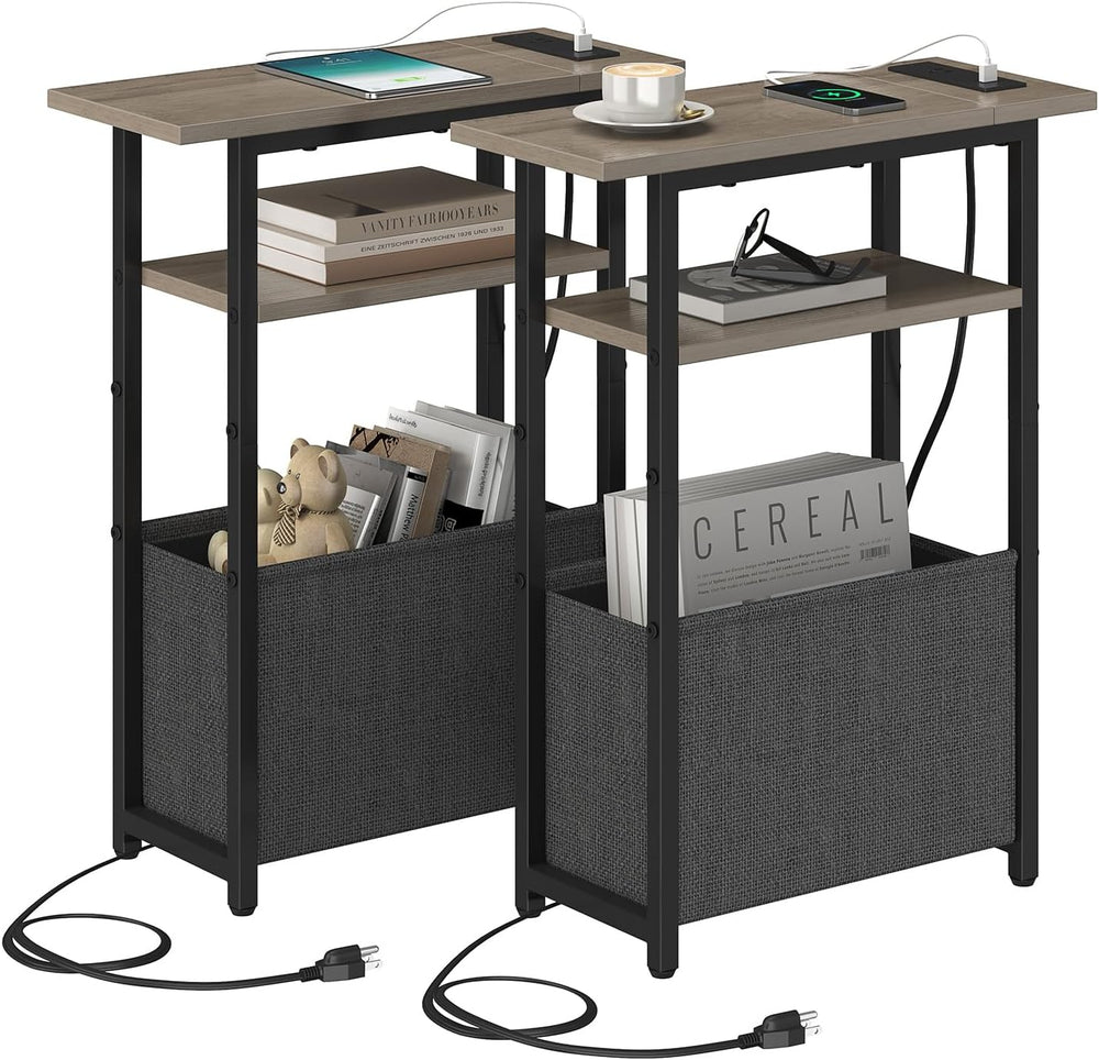 sthmec Narrow Side Table with Charging Station Set of 2, Small End Table for ...
