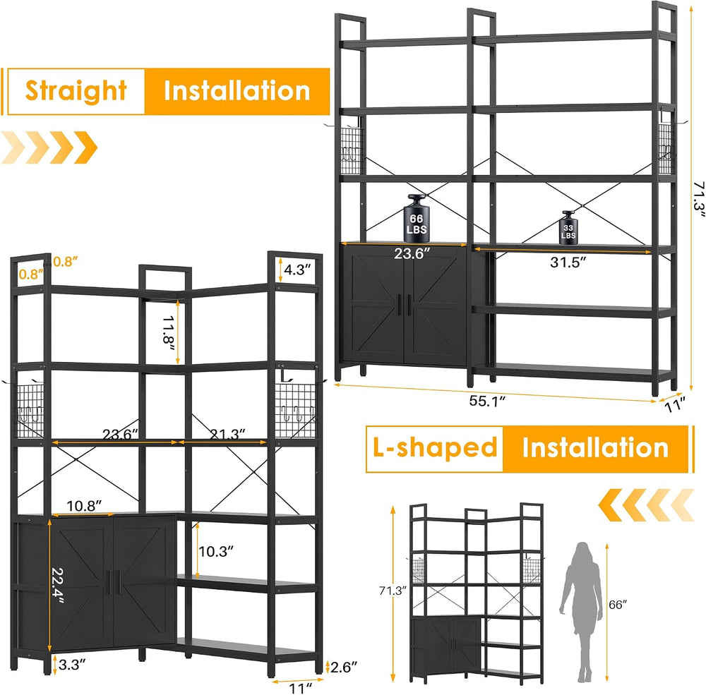 6-tire Farmhouse Black Corner Book Shelf with 2 Barn Doors and 10 Storage She...