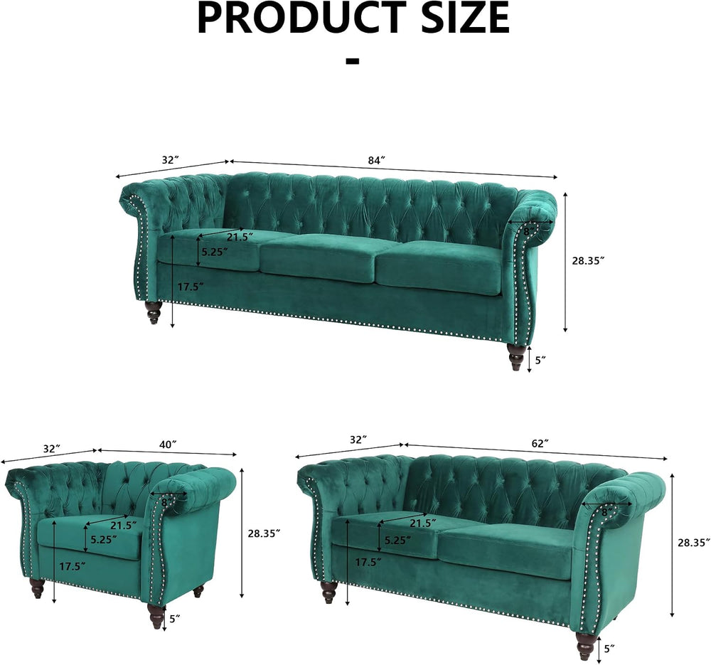 Velvet Sofa Couches Set, 3-Piece Mid Century Modern Upholstered Couch with Cu...