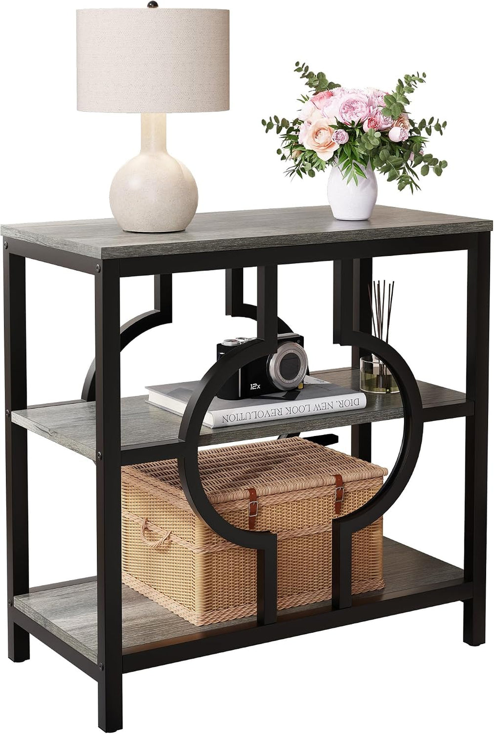 End Table, Narrow Side Table with 3-Tier Storage Shelves, Wood Sofa Side Tabl...