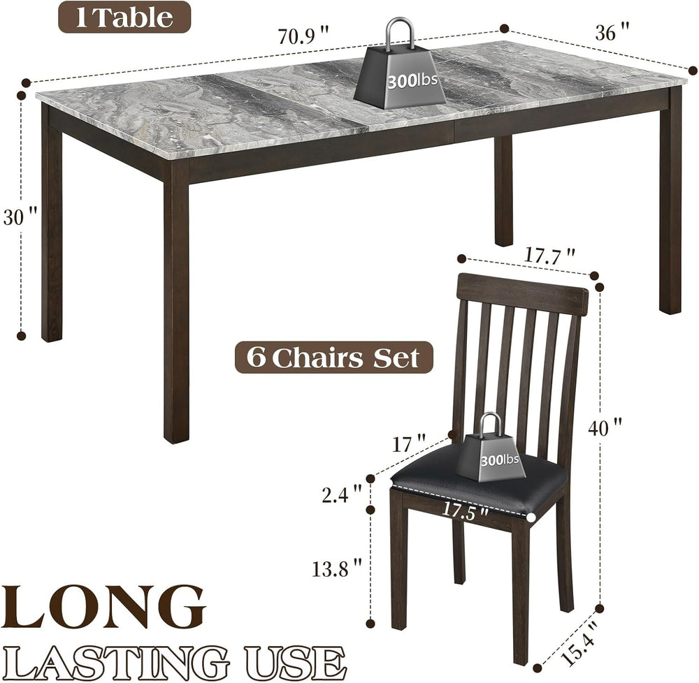 LUXOAK 7-Piece Wood Dining Table Set with Faux Marble Tabletop, Dark Brown | ...