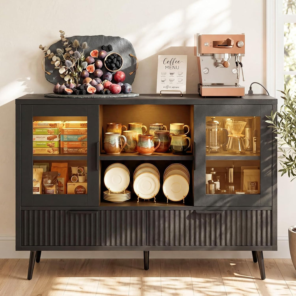 44" Sideboard Buffet Cabinet with Storage, Smart LED Lights Coffee Bar C...
