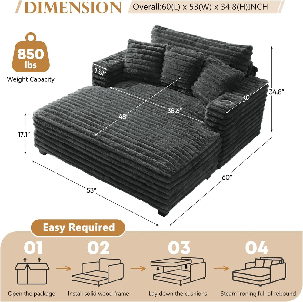 60" Oversized Chaise Lounge Chair with Wood Frame, Dark Grey | Upgraded ...