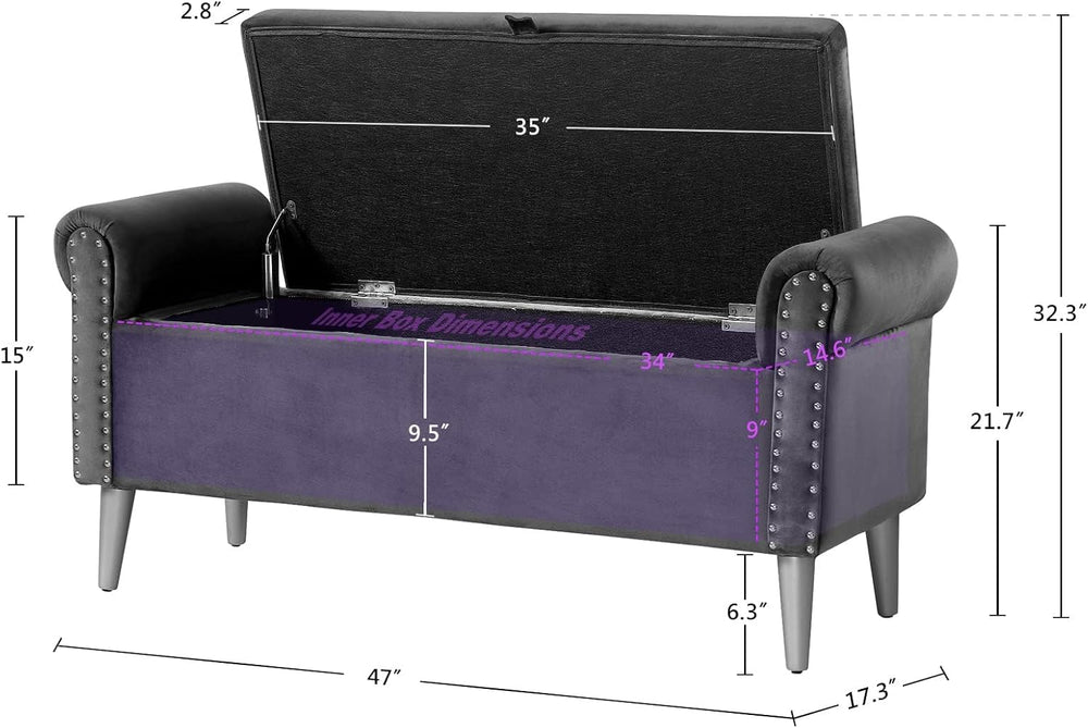 Storage Bench for Bedroom- Grey Velvet Bench with Storage 47" | Featurin...