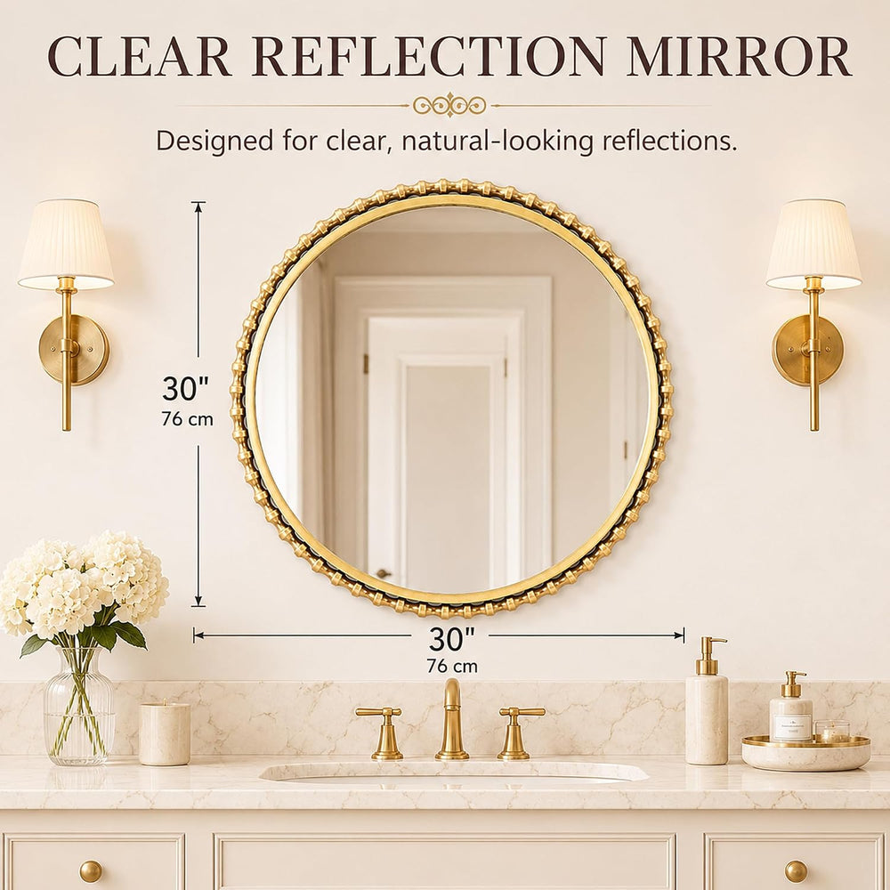 30" Round Bathroom Mirror, Antique Gold Bold Beaded Frame