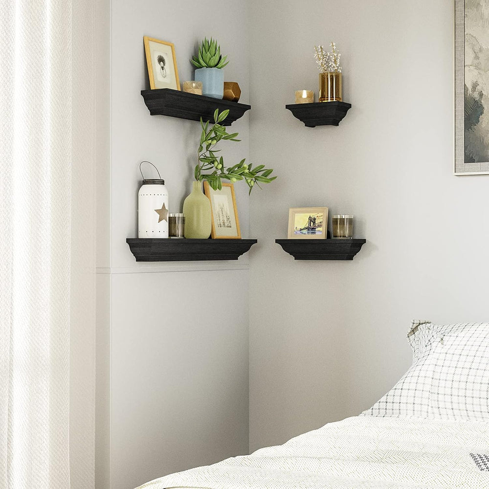 SRIWATANA 24 Inch Floating Shelves for Wall, Black Wood Wall Shelf Set of 4