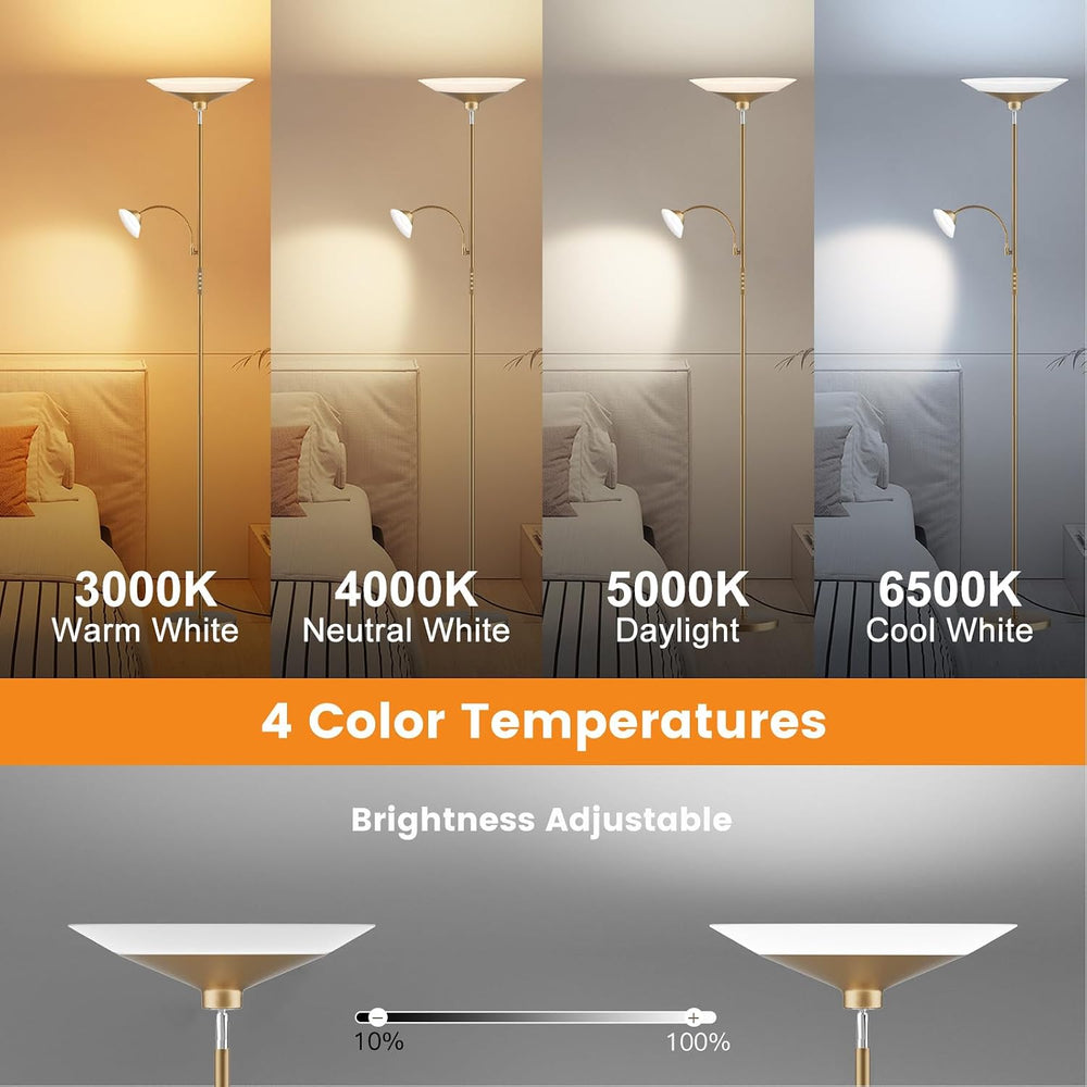 SIBRILLE Gold Torchiere Floor Lamp - 2 Way LED Standing Lamp with Reading Lig...