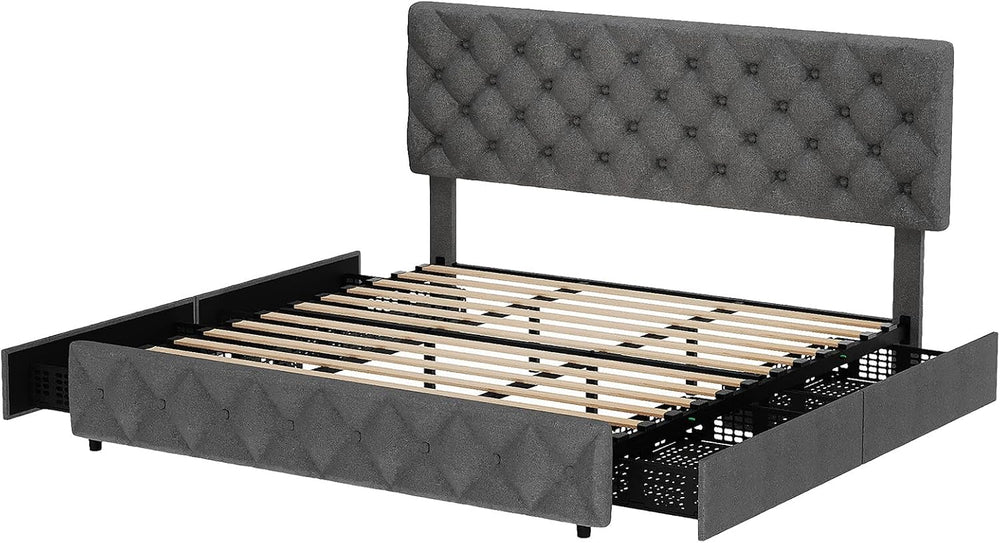 Queen Size Bed Frame with Adjustable Headboard & 4 Storage Drawers - Diam...