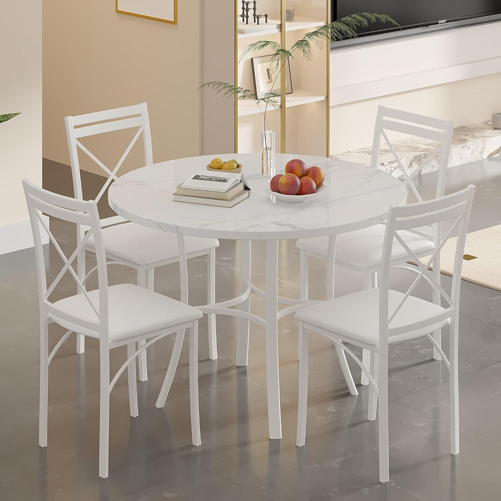 VECELO 36" Round Dining Table for 4, Faux Marble Dinette with Metal Fram...