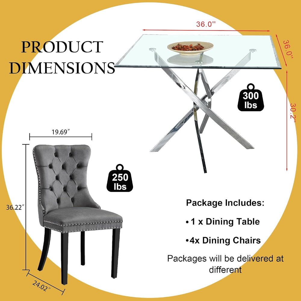 Glass Dining Table Set for 4 with 36" Square Tempered Glass Kitchen Tabl...