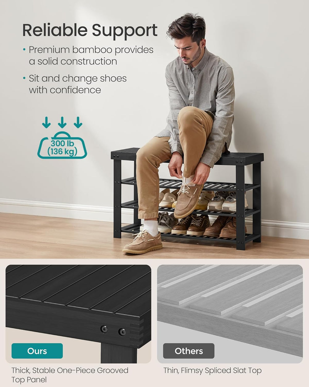 SONGMICS Shoe Rack Bench, 4 Tier Bamboo Shoe Storage Organizer, Entryway Benc...