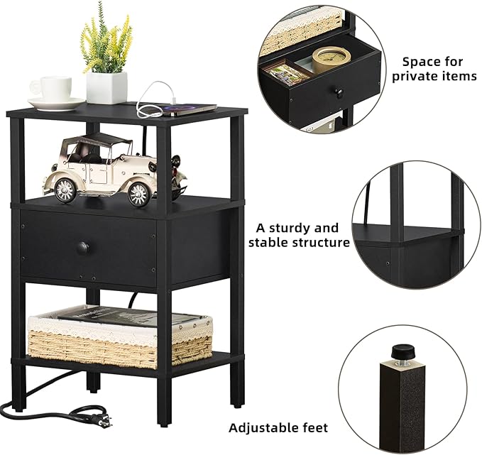 Lerliuo Nightstand with Charging Station and USB Ports, 3-Tier Storage End Ta...