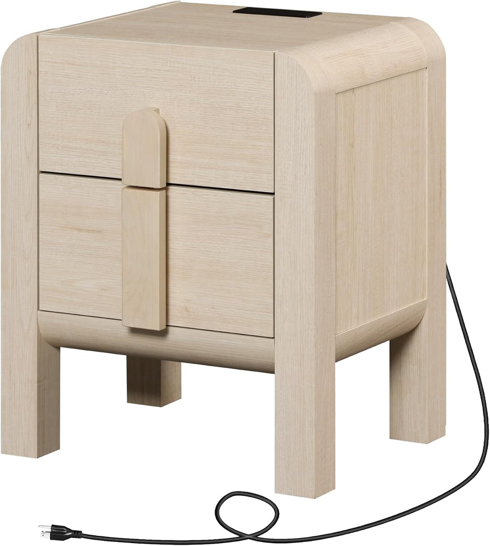 WAMPAT 23.7" Tall Beige Nightstand with Charging Station, Modern Mid Cen...