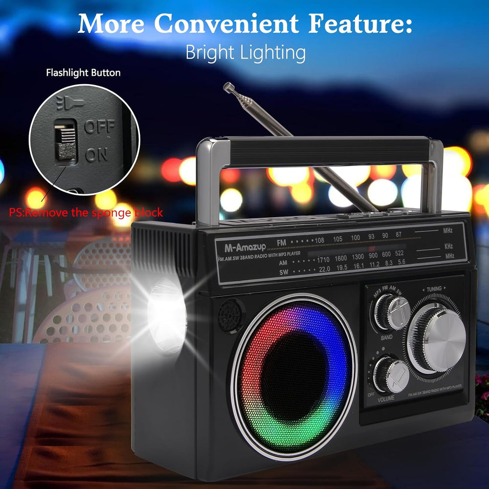 Radios Portable AM FM, Retro Portable Radio with Bluetooth Speaker and Flashl...