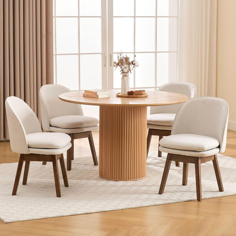 ROCITY Swivel Dining Chairs Set of 2, Beige Linen Kitchen Chairs with Solid W...