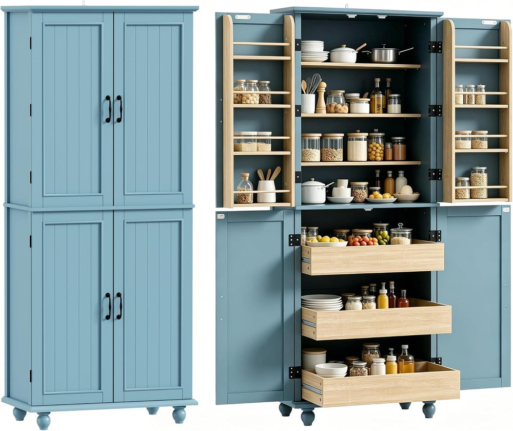 Scurrty Vintage Kitchen Pantry Cabinet with Drawers and Door Shelves, Blue | ...