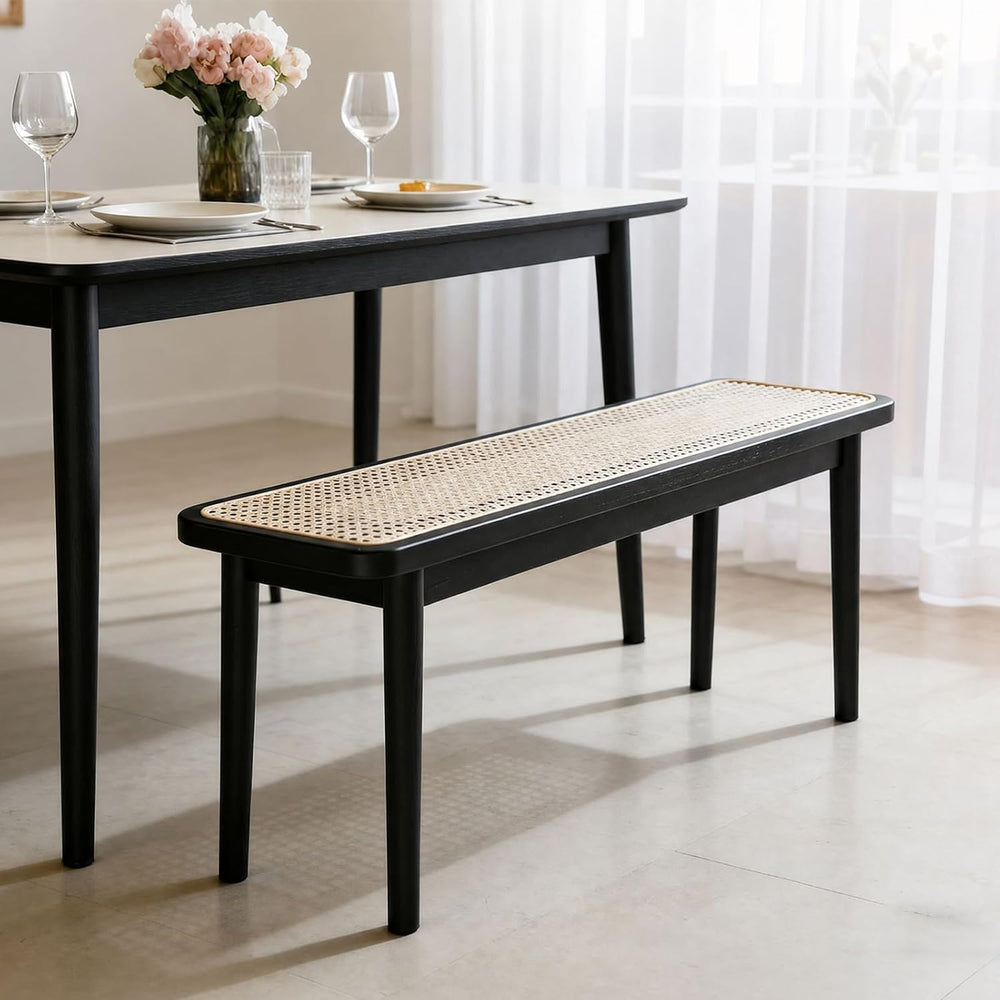 47 Inch Black Dining Bench, Solid Oak Frame | Narrow Black Rattan Bench with ...