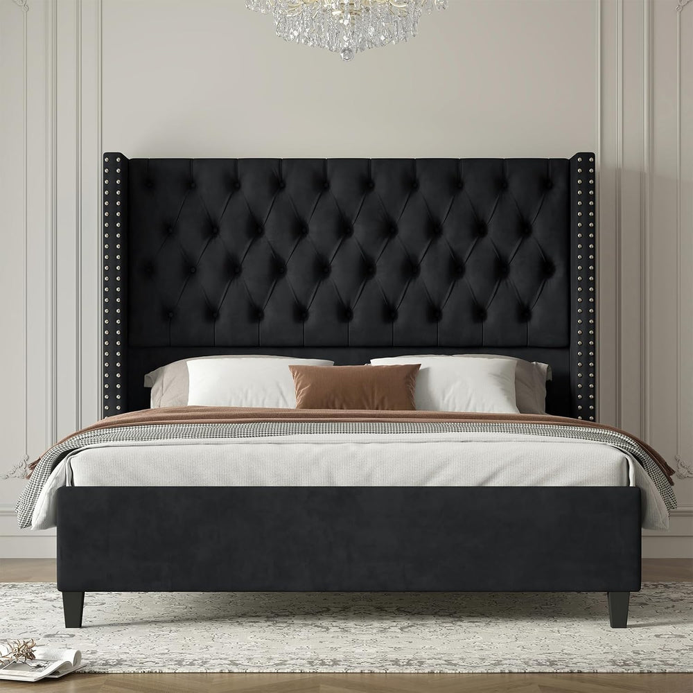 Jocisland Queen Size Bed Frame with 51.6" Velvet Wingback Headboard, Black