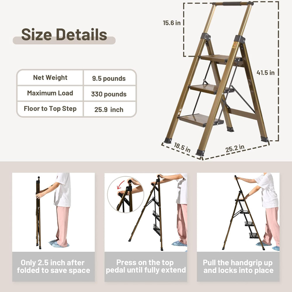 3 Step Ladder, Aluminum Step Stool with Retractable Handrail