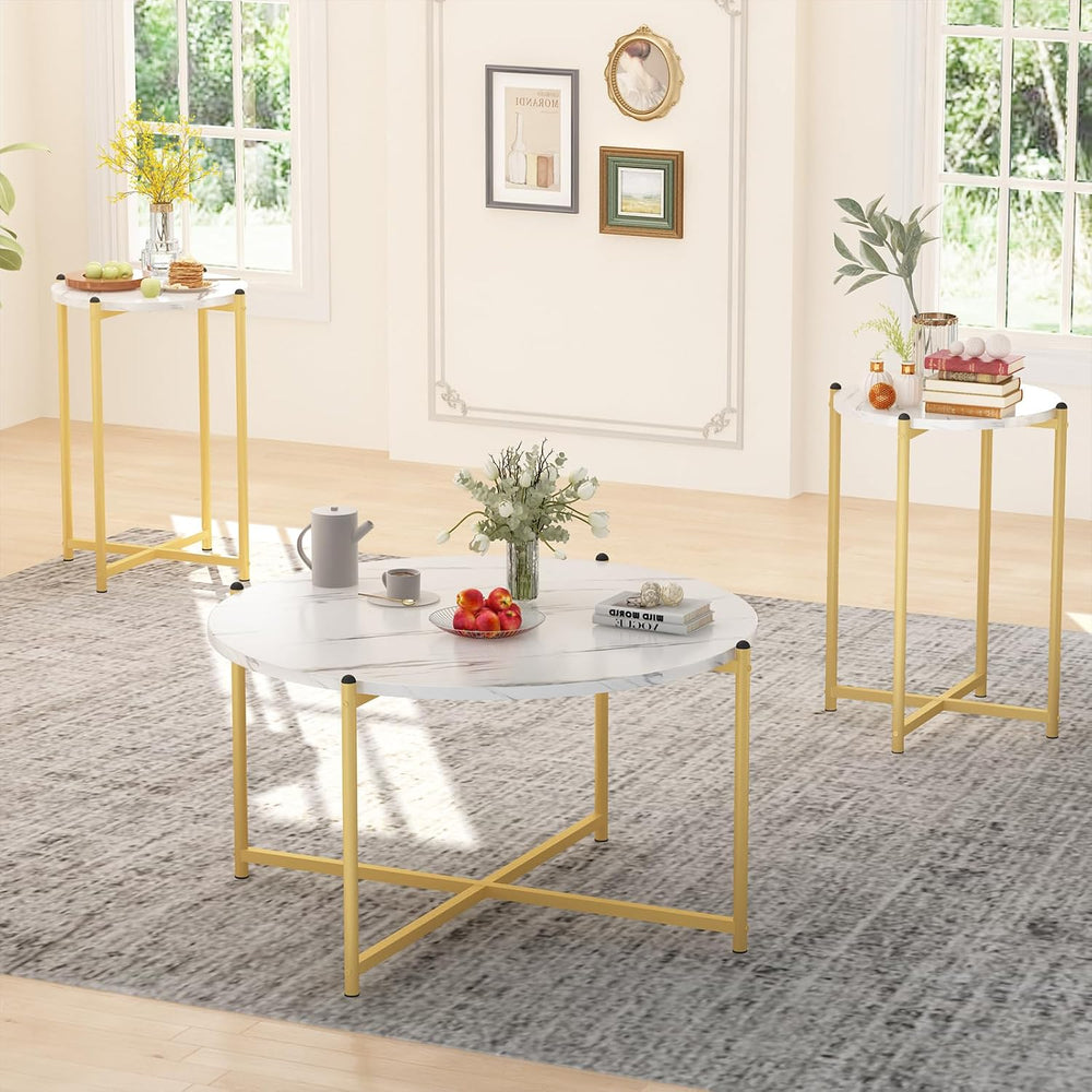 Lamerge Coffee Table Set of 3,Modern Faux Marble Top with Golden Frame,1 Coff...