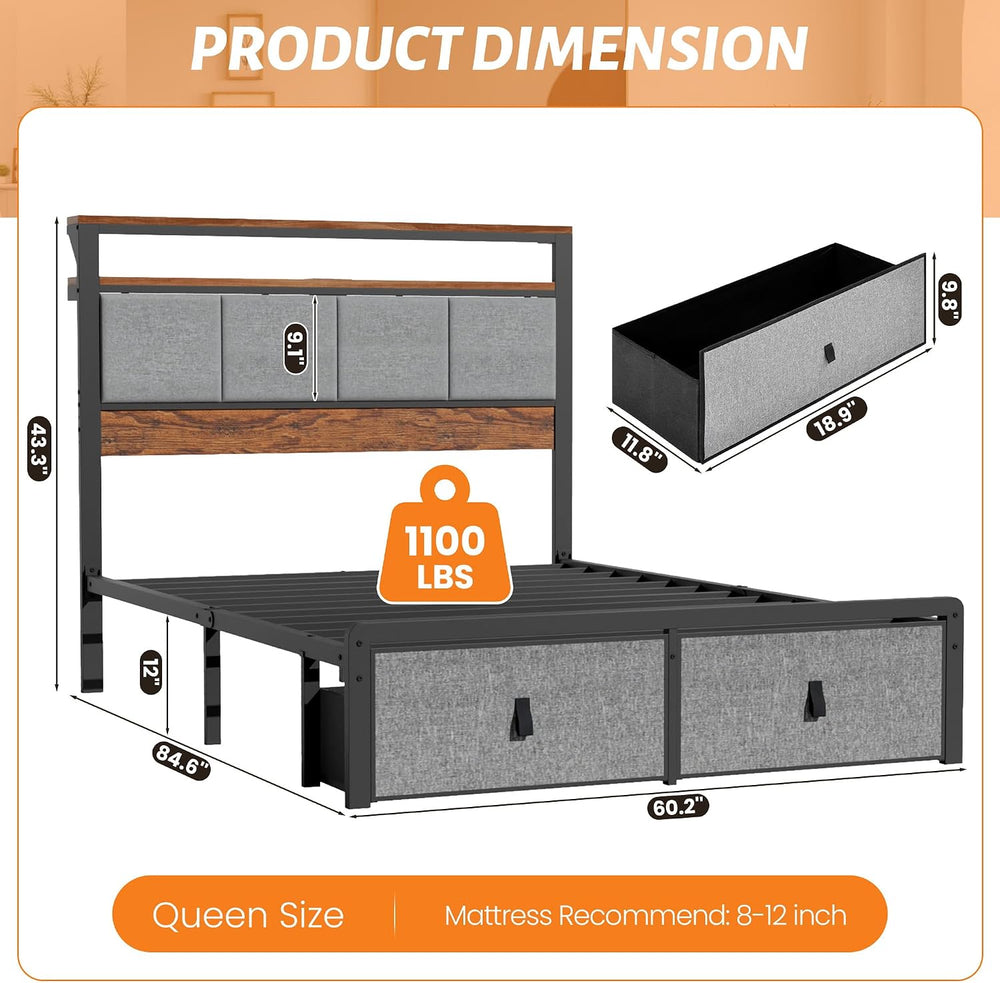 Queen Bed Frame with 2 Storage Drawers & Charging Station, Headboard, Grey