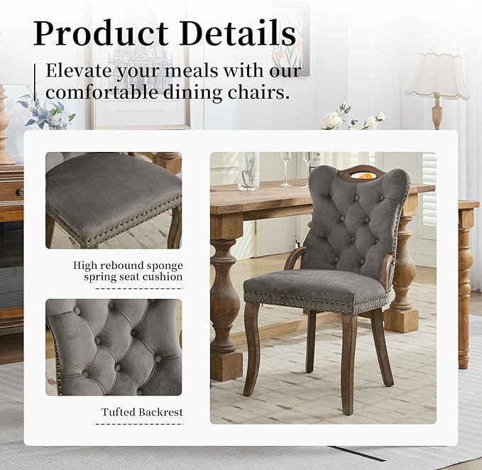 Grey Velvet Dining Chairs Set of 2,Modern Upholstered Dining Room Chairs with...