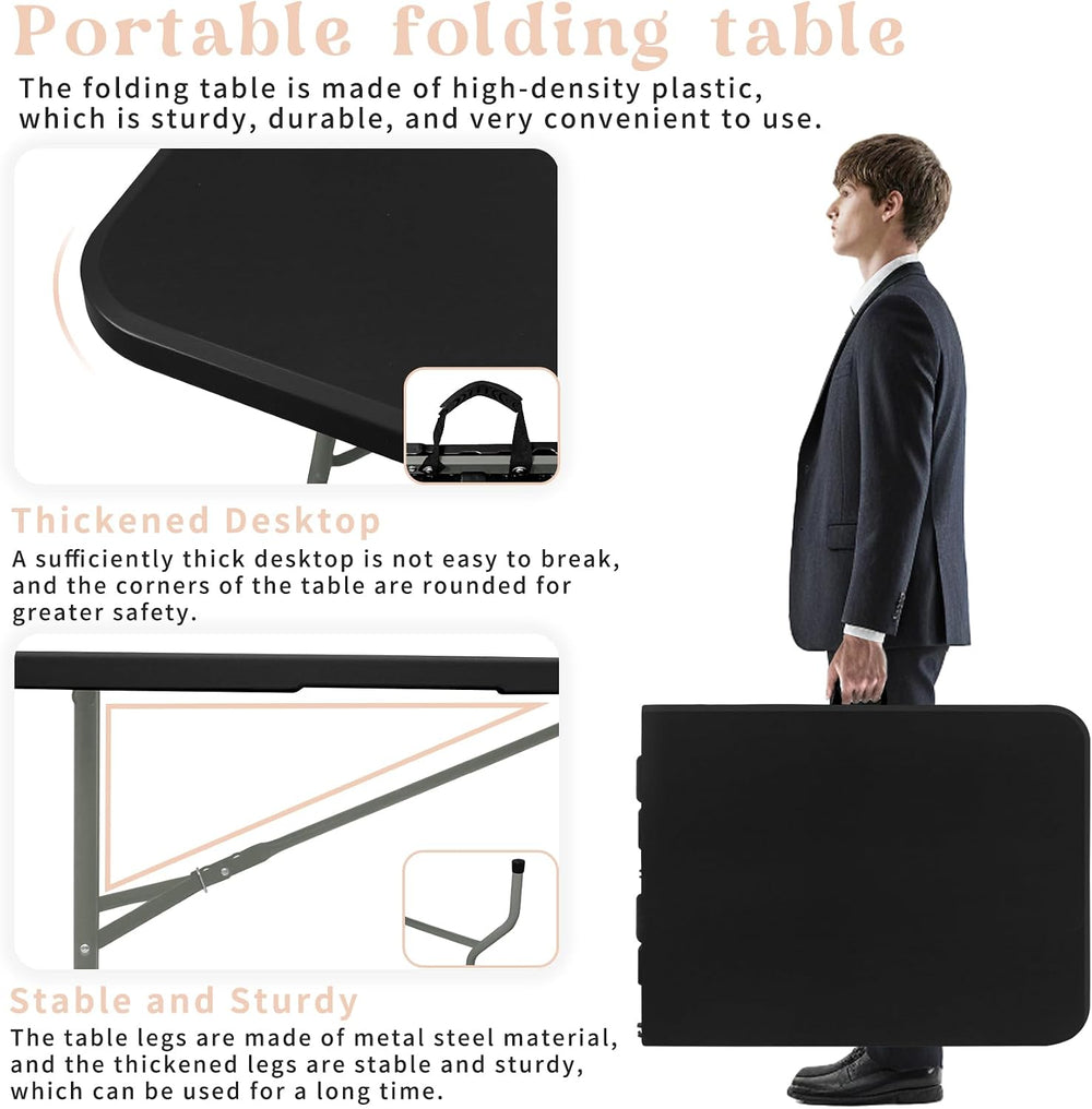 HAISIWLKJ Folding Table 6 FT Lightweight Camping Table Black Portable Plastic...