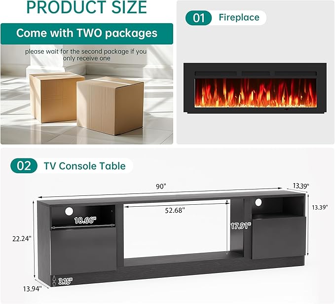 oneinmil 90” TV Stand with 50” Electric Fireplace, Large Modern Media Enterta...
