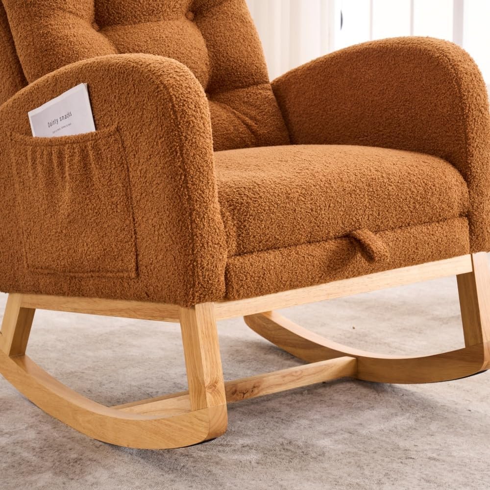 Accent Rocking Chair with Footrest High Back Rubber Wood Rocking Legs Bedroom...