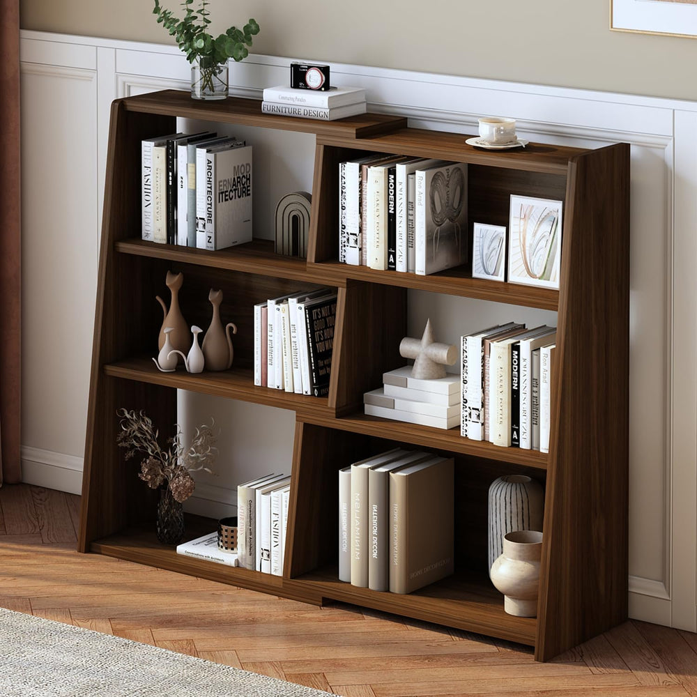 IOTXY Wooden Extendable Shelf Bookcase, 3-Tier Low Bookshelf, Walnut, S