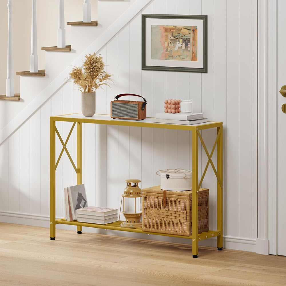 Tajsoon Entryway Table 41.8", 2 Tier Gold Console Table with Shelves | N...