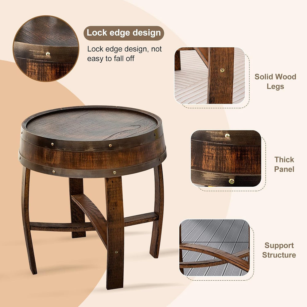 Whiskey Barrel End Table,Round Wood Wine Barrel Side Table Outdoor,Rustic Win...