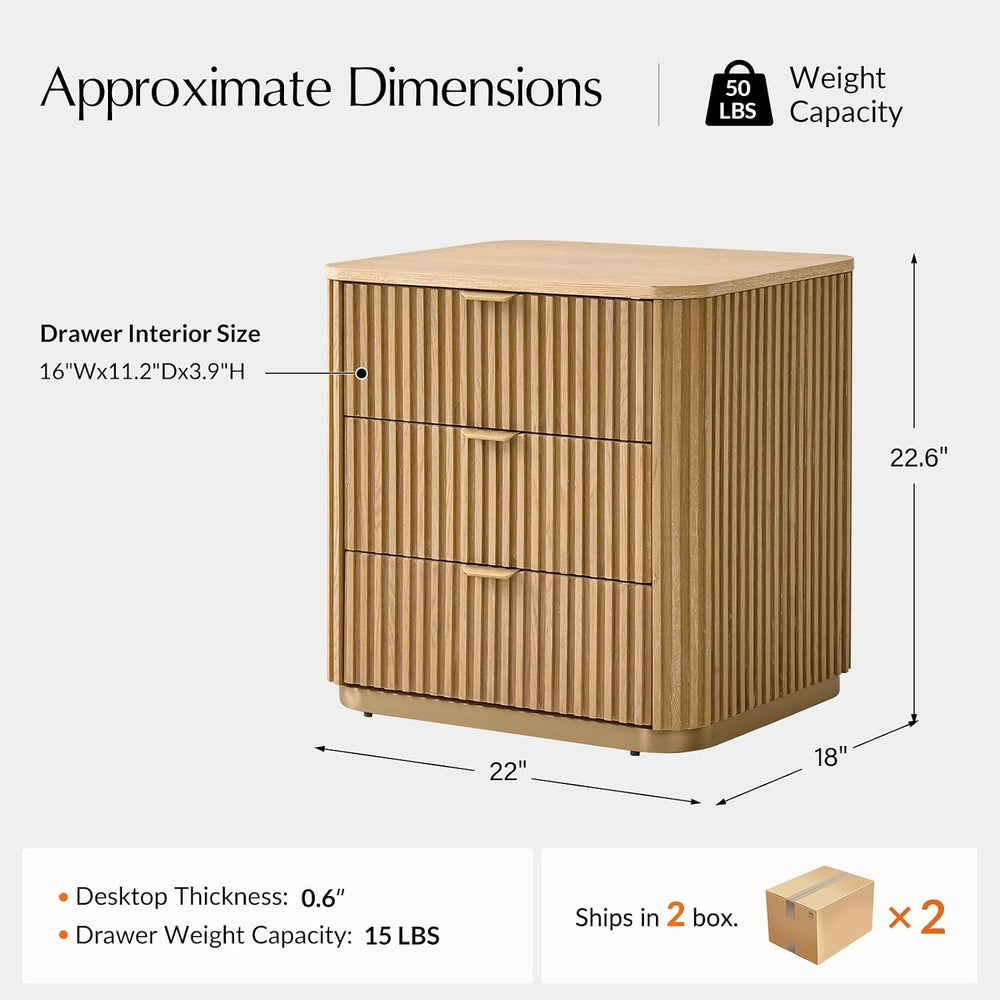 Fluted End Table Set of 2 with 3 Drawers, Solid Wood End Tables with Charging...