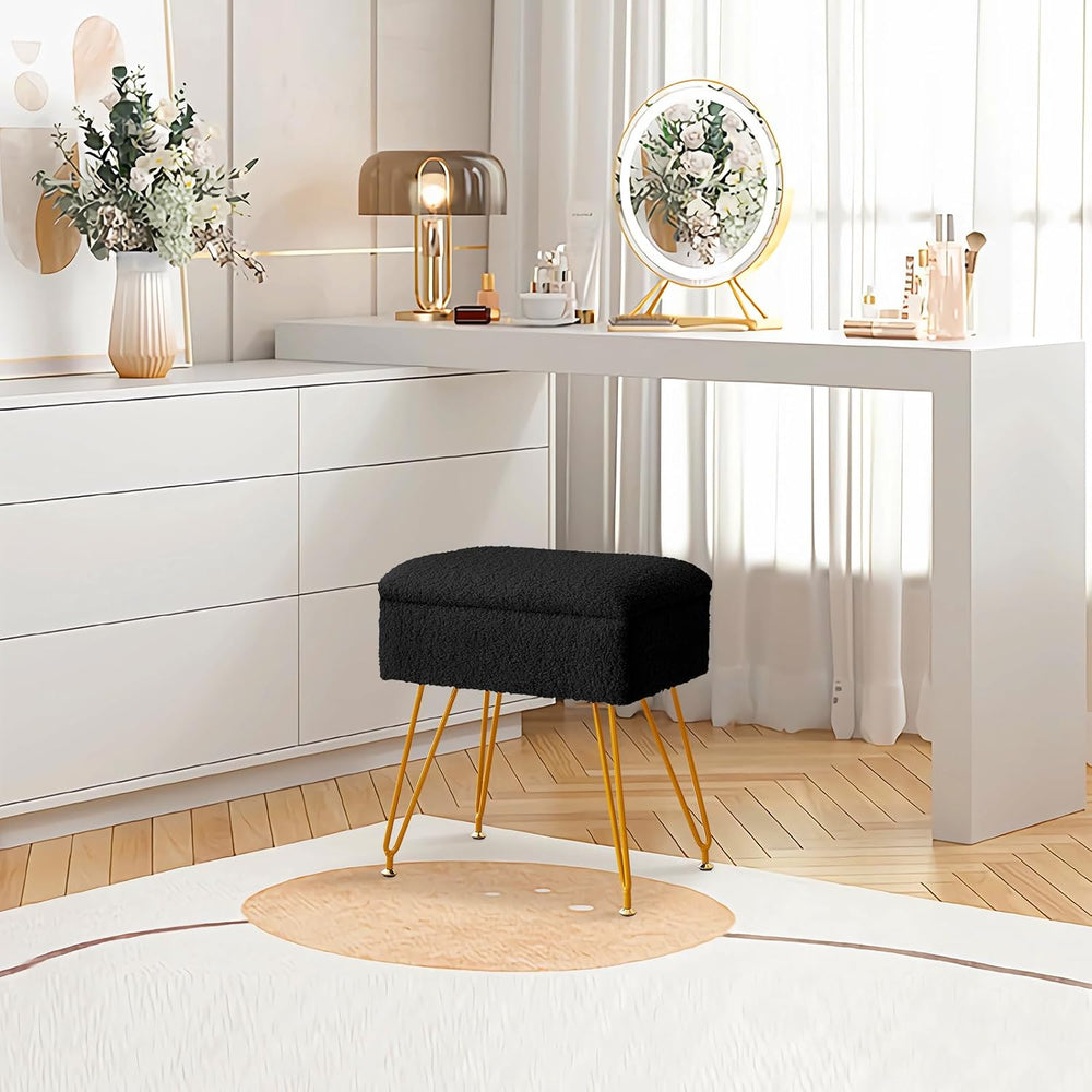 Alessing Vanity Stool Chair Ottoman with Storage, Sherpa Vanity Chair for Mak...