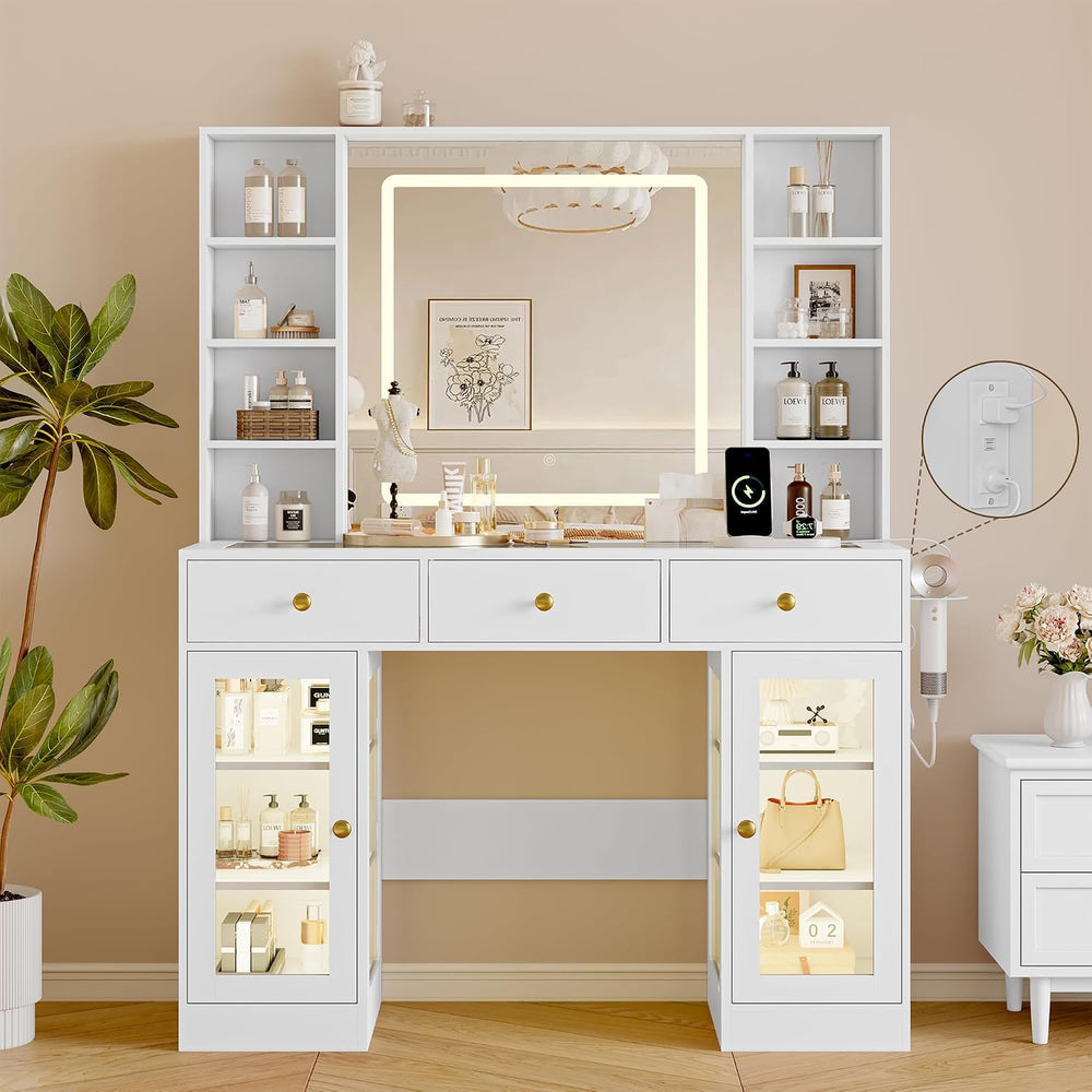 Makeup Vanity Desk with Mirror and Lights, 43" White Vanity with Glass T...