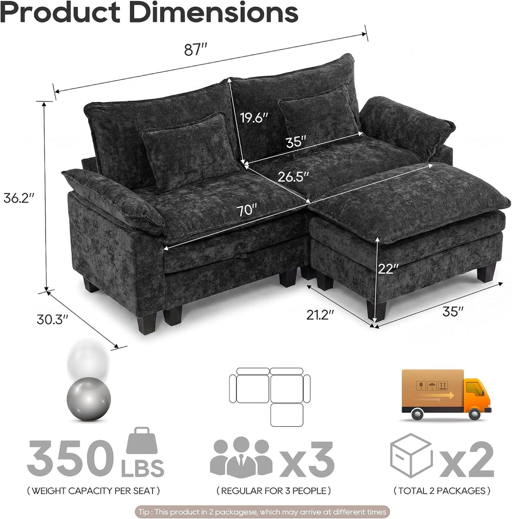 URRED Oversized Modular Sectional Sofa,Black:87" L Shaped