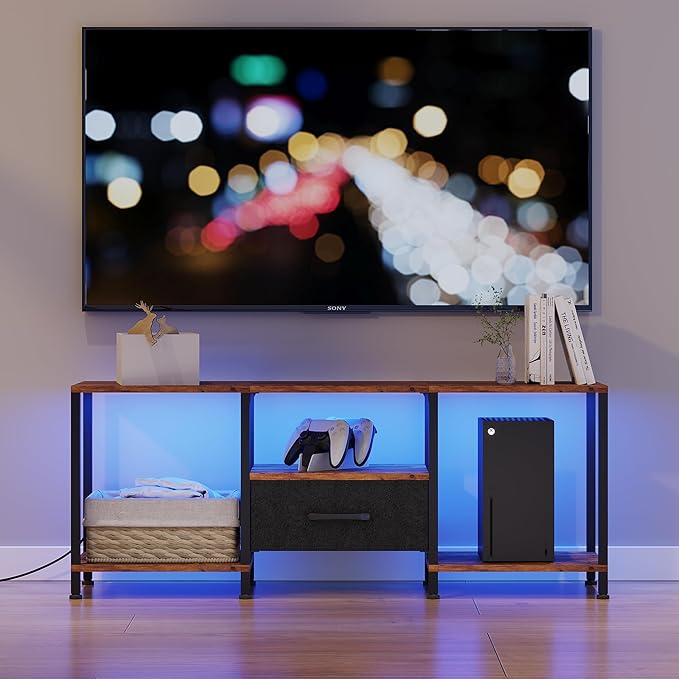 TV Stand with LED Lights, Entertainment Center with Open Shelves and Fabric D...