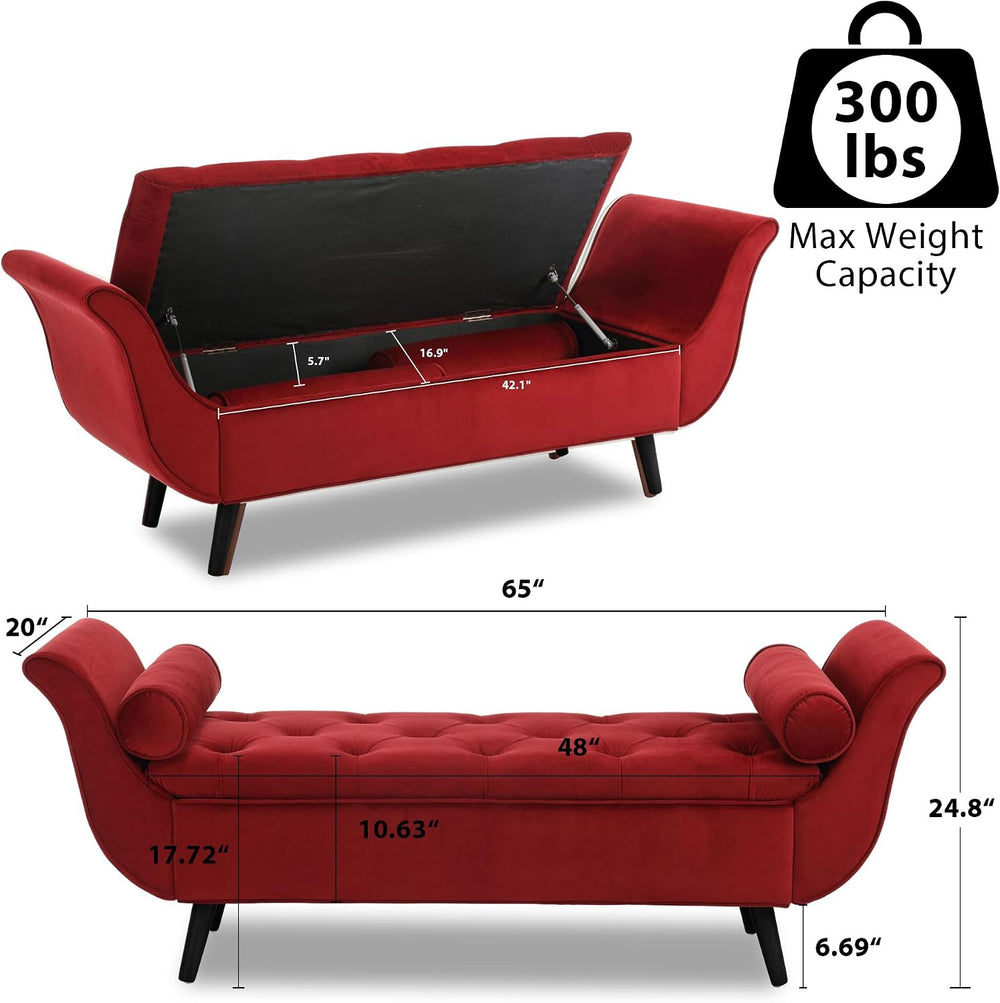 65" Storage Benches Velvet End of Bed Bench Storage Ottoman with Button-...