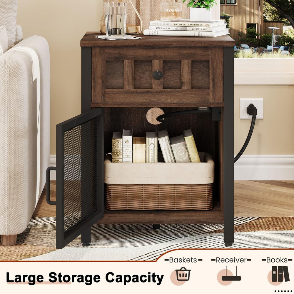 FATORRI End Table with Charging Station, Farmhouse Side Table with Drawer, Ru...