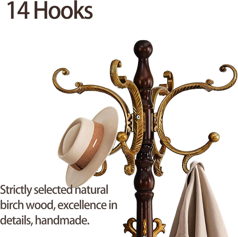 Coat Rack Freestanding, Wooden Coat Tree with Stable Round Base, Vintage Heav...