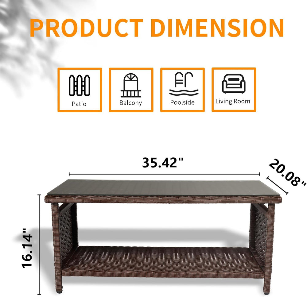 VINGLI Outdoor Wicker CoffeeTable Patio Coffee Tables for Outside, Tempered G...