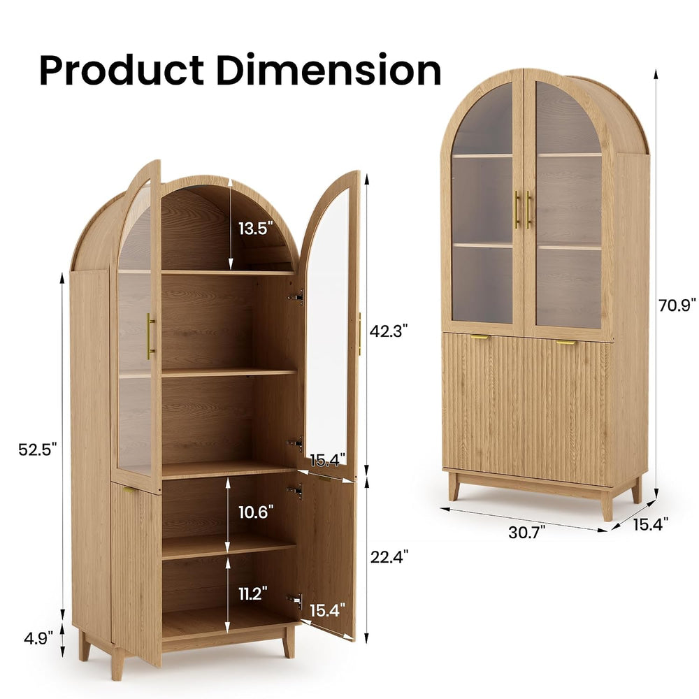 Fkhouse 71" Tall Arched Pantry Cabinet, Kitchen Pantry with Glass Doors ...