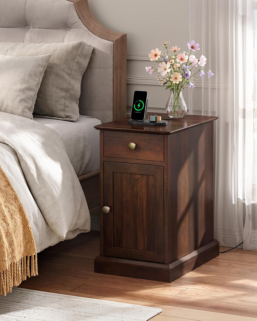 WLIVE End Table with Charging Station, Narrow Sied Table with Drawer & Ca...